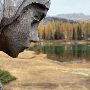 Houten sculptuur in profiel met uitzicht op een bergmeer, herfstbomen en bergen